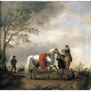 A Cavalier Holding A Dappled
Grey Horse Together With A Mounted Lady, Dogs And Other Figures In A
Landscape by Pieter Wouwermans or Wouwerman