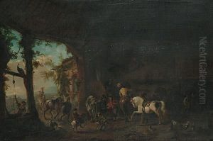 Horsemen And Boys In A Barn Interior, A Landscape Beyond by Pieter Wouwermans or Wouwerman