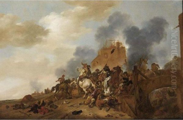 A Cavalry Battle Scene With Soldiers Fighting On A Bridge Near Burning Ruins by Pieter Wouwermans or Wouwerman