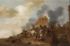 A Cavalry Battle Scene With Soldiers Fighting On A Bridge Near Burning Ruins by Pieter Wouwermans or Wouwerman