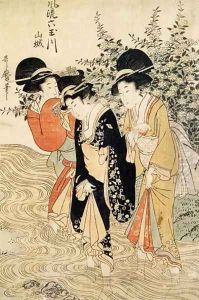 Three girls paddling in a river, from the Fashionable Six Jewelled Rivers, Yamashiro Province, pub. 1790, by Kitagawa Utamaro