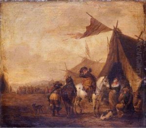 A Military Encampment With A Mounted Trumpeter By A Tent