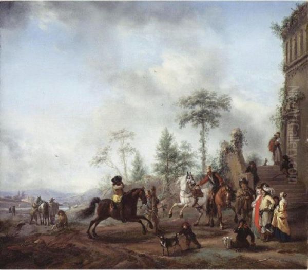 An Italianate Landscape With A
Young Man In A Yellow Coat Riding On A Bay, Watched By An Elegant
Couple, A Groom With Two Young Horses And Other Figures - view 1