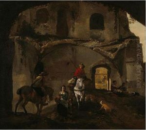 An Italianate Landscape With Two Riders And Other Figures Beneath Ruined Buildings thumbnail