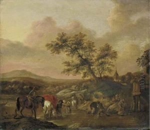 An Extensive Landscape With Travelers On Horseback Crossing A River by Pieter Wouwermans or Wouwerman