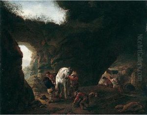 A Forge In A Cavern, With A Grey Being Shod