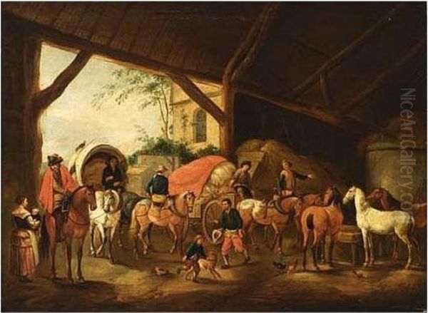 A Stable Interior With A Horse-drawn Carriage And A Horse-drawn Cart - view 1