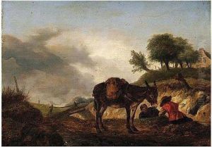 Dune Landscape With Riders And A Mule Resting On A Track by Pieter Wouwermans or Wouwerman