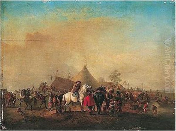 A Military Encampment With Horsemen And Other Figures Beside A River - view 1