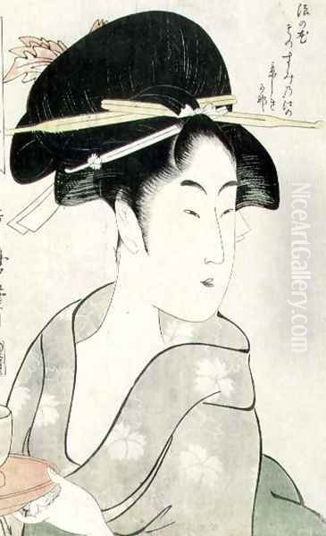 Riches 1913 Bust portrait of a woman holding a tea-cup, from the series Meisho Koshikake Hakkei - view 1