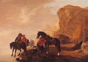 Horsemen Crossing A River In A Rocky Landscape by Pieter Wouwermans or Wouwerman