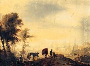 Figures Resting On A Track, With A Town Beyond