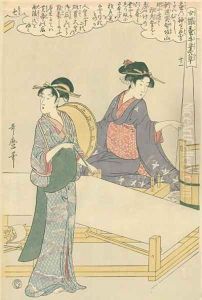 Spinning the silk, no.11 from Joshoku kaiko tewaza-gusa, c.1800 by Kitagawa Utamaro