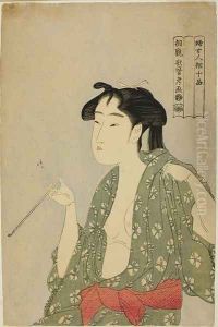 Woman Exhaling Smoke from a Pipe by Kitagawa Utamaro