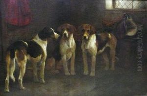Three Hounds In A Tack Room Interior