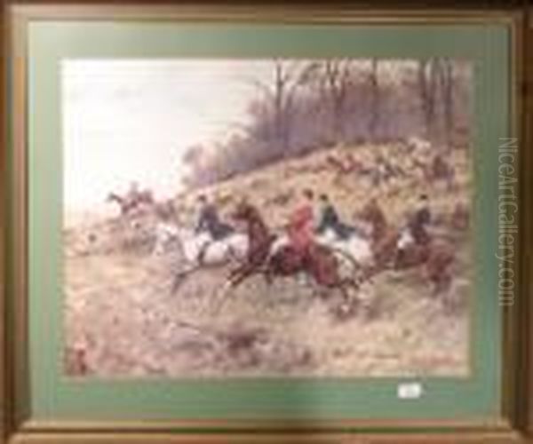 Huntsmen And Huntswomen Hounds Galloping Down A Hill From A
Wood. - view 1