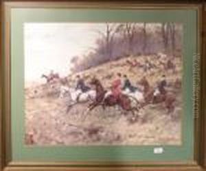 Huntsmen And Huntswomen Hounds Galloping Down A Hill From A
 Wood.