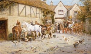Horses Being Groomed In A Courtyard Outside A Stable