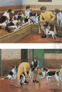 Hounds In A Kennel; And Hounds In A Yard: A Pair Of Paintings by George Wright