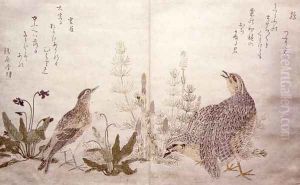 Pair of Quail and grasses on the right and a Skylark amid grasses on the left, from an album Birds compared in Humorous Songs, 1791 by Kitagawa Utamaro
