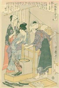 Winding the thread, no.9 from Joshoku kaiko tewaza-gusa, c.1800