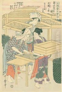 Stirring the silk worms, no.4 from Joshoku kaiko tewaza-gusa, c.1800 by Kitagawa Utamaro