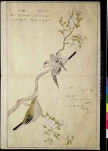 Tit on a bough on the right and a Bush-warbler on a branch on the left, from an album Birds compared in Humorous Songs, 1791 by Kitagawa Utamaro