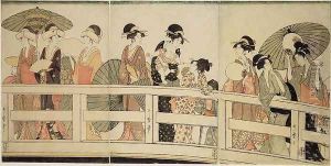 Enjoying the Evening Cool on and under the Bridge by Kitagawa Utamaro