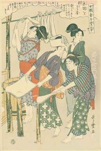 Stretching the silk floss, no.10 from Joshoku kaiko tewaza-gusa, c.1800 by Kitagawa Utamaro