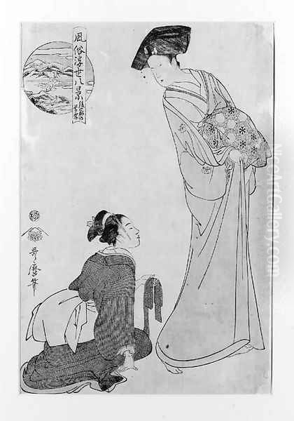 A print in sumi and slight colour depicting a shinzo kneeling before a standing courtesan offering a sash, signed Utamaro hitsu, seal of Tsutaya Jusab - view 1