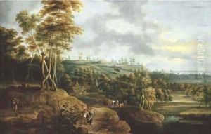 An extensive river landscape with a peasant couple in the foreground, a village kermesse beyond by Lucas Van Uden