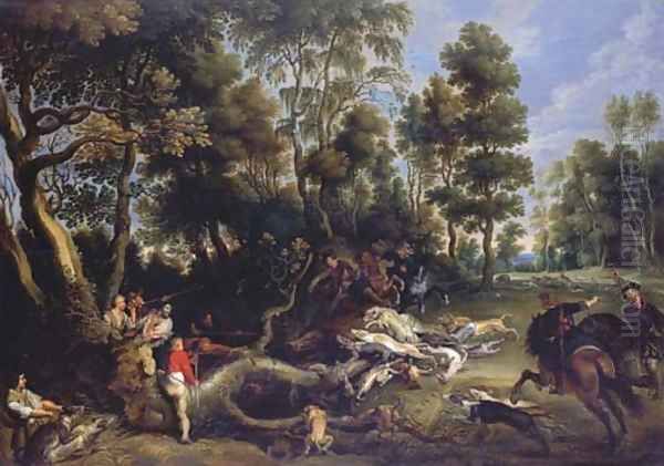 A boar hunt in a wooded landscape - view 1