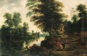 A river landscape with Christ healing the Paralytic, a village beyond
