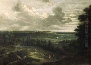 An extensive landscape in summer with an infantryman and a peasant conversing in the foreground