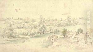 A wooded landscape with houses on a track by Lucas Van Uden