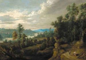 A wooded landscape with peasants resting on a road, a river beyond