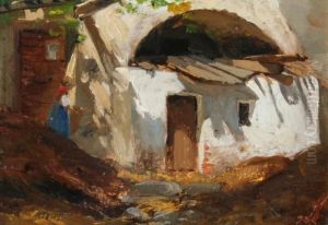Village Scene With Figure Approaching Door Village Scene With Figure Approaching Door