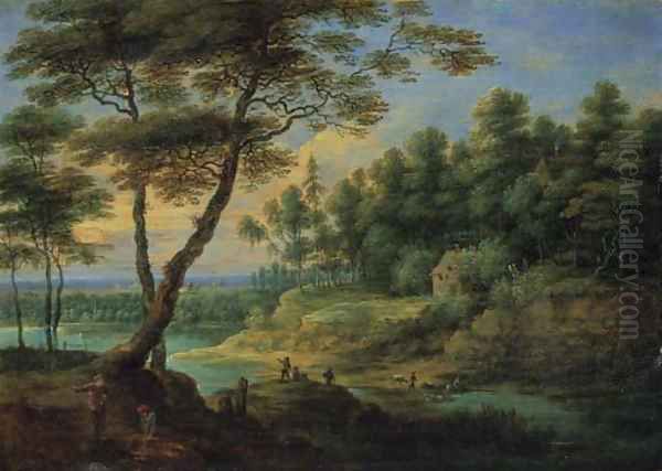 A wooded river landscape with peasants - view 1