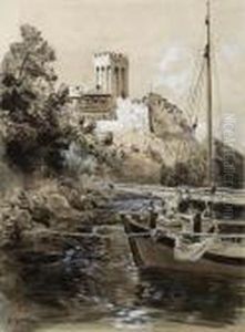 Blick Auf Das Kloster Dochiarou Auf Dem Berg Athos by Carl Wuttke