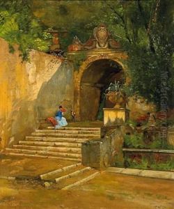 Lady In The Park Of The Villa D'este In Tivoli by Carl Wuttke