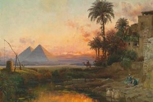 Veduta Delle Piramidi Di Giza Al Tramonto