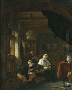 A Family In An Interior, With A 
Young Girl Feeding A Child In Acradle, A Woman Seated Nearby