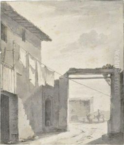 An Italianate Courtyard, With Washing Hung Out To Dry by Thomas Wyck