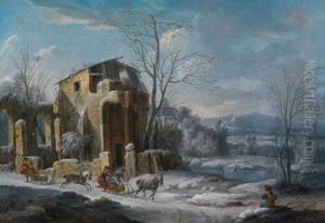 Einewinterlandschaft Mit Reisenden In Pferdeschlitten Vor Den Ruineneiner Burg by Thomas Wyck