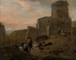An Italianate River Landscape With Bathers Beneath A Bridge