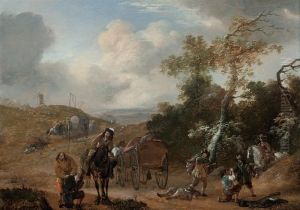 A Wooded Landscape With Travellers Ambushed On A Country Track