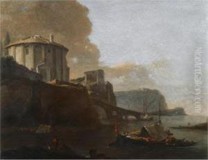A Capriccio Of A Mediterranean Bay At Sunset, With The Temple Of Vesta In Rome by Thomas Wyck