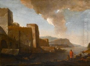 A Mediterranean Harbour With A Travellerstanding On The Quay