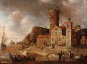 An Italian Harbourwith Tradesmen
And A Dutch Merchant Man In Full Sail. At The Righta Trading House And
The Tower Of A Castle by Thomas Wyck