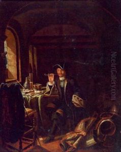 Interieur Mit Pfeiferauchendem Herrn An Einem Tisch by Thomas Wyck
